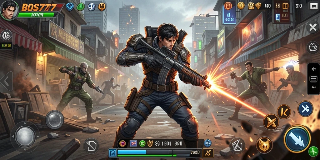 Screenshot utama menampilkan gameplay penuh aksi dari BOS777.
