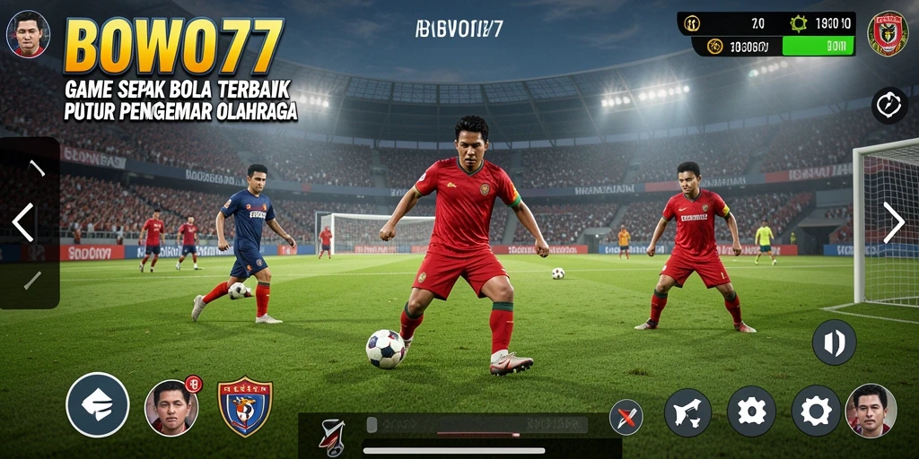 Tampilan gameplay menarik dari BOWO77 yang menggambarkan aksi sepak bola.