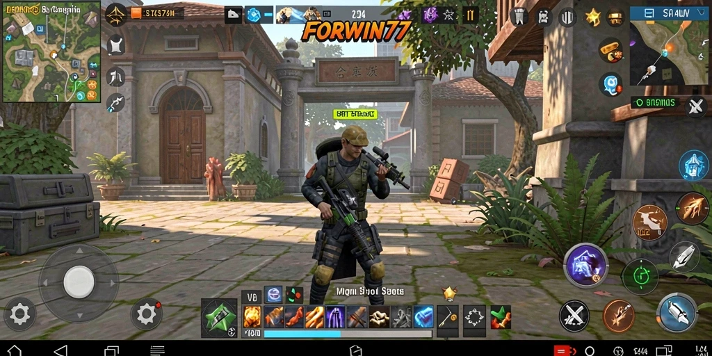 Tampilan gameplay FORWIN77 yang menampilkan pertempuran strategis dan pembangunan kerajaan.