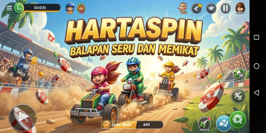 Screenshot HARTASPIN menunjukkan balapan yang intens dan mobil berkecepatan tinggi.