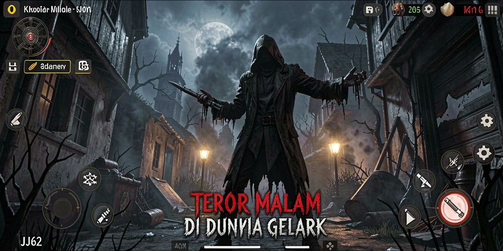 Screenshot gameplay JJ62 menampilkan suasana horor yang mencekam.